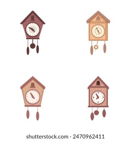 Collection of traditional wooden cuckoo clocks in various designs, isolated on a white background