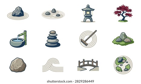 Collection of traditional Zen garden and rock formation icons.