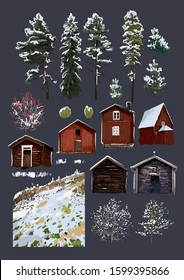 Collection of traditionsl scandinavian houses, coniferous trees, bushes and fields, covered with snow. Winter design. Vector natural illustration isolated on dark background