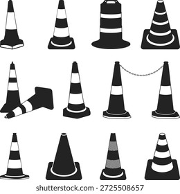 Colección de siluetas de conos de tráfico, icono de silueta de cono de tráfico, Ilustración vectorial de bloqueo de carretera aislada
