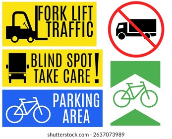 A collection of traffic and driving safety warning signs. Ideal for safety instruction or industrial environments.