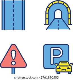 Collection of traffic and road signs including tunnel, barrier, warning, and parking symbols
