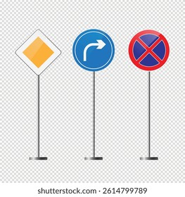 A collection of traffic signs, including warning, directional, and no entry signs