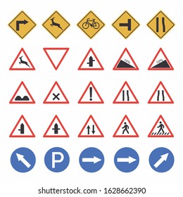 
A collection of traffic signs for roads or public spaces.