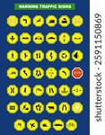 A collection of traffic warning sign icons in a bold and clear design. Includes various road signs such as intersections, pedestrian crossings, curves, speed bumps, animal crossings, and more.