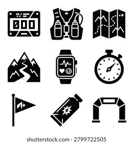 Collection of trail running and outdoor activity vector icons. Symbols for navigation, fitness tracking, mountain race equipment, and finish line.