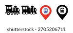 Collection of train icon and location pin vector graphics. Train station icon vector image.