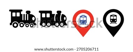 Collection of train icon and location pin vector graphics. Train station icon vector image.