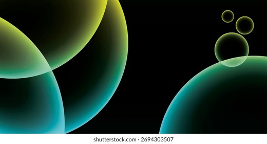 A collection of translucent bubbles with yellow, green, and blue gradient colors on a dark background.