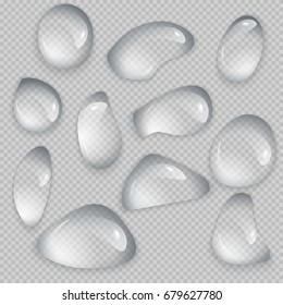 A collection of translucent water droplets close-up on a transparent background. Vector editable elements.