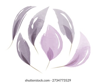 Eine Kollektion von durchscheinenden Aquarellblättern in sanften Lila- und Lavendeltönen. Zarte Blattelemente schweben anmutig auf sauberem, weißem Hintergrund, wodurch ein ruhiges und ätherisches Design entsteht.
