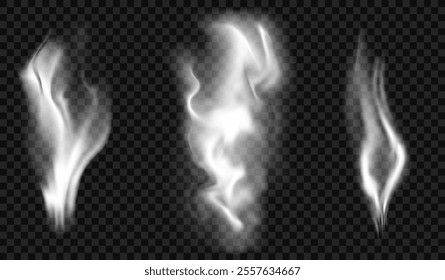 Collection of translucent white clouds of smoke on transparent background. Suitable for overlaying on dark backgrounds. Transparency in vector format