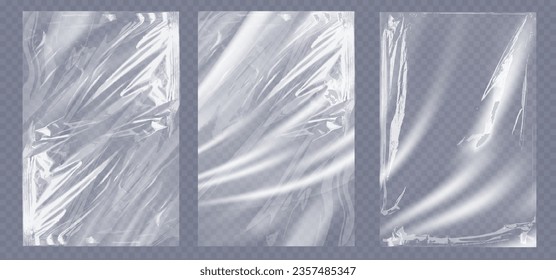 Collection transparant wrinkled plastic. Realistic mockup of clear polyethylene, crumpled elastic foil material isolated on transparent background. Vector illustration