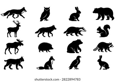 Collection of transparent background animal silhouettes including fox deer owl rabbit bear moose badger squirrel hedgehog bear raccoon cat eagle and hare