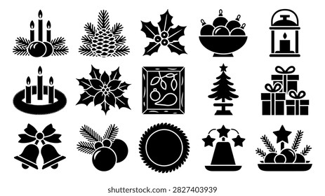 Collection of transparent background icons featuring Christmas trees candles gifts wreaths and ornaments