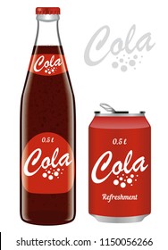 Collection transparent bottle and aluminum can of cola. Set labels soda pop. Isolated on white background.