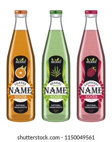 Collection transparent bottles of fruit sodas. Set labels soda pop. Isolated on white background.