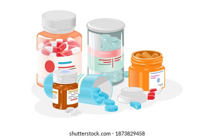 Collection of transparent bottles with oral medications, health therapy. Vector organism support with vitamin complex, painkillers and aspirin. Pharmaceutical idea isolated on white