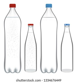 Collection transparent bottles of water. Bottle set isolated on transparent background. Clean agua bottles. Drink in plastic container and glass bottle.