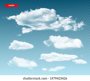Collection of transparent clouds. 3d realistic vector illustration of different clouds on transparent background.