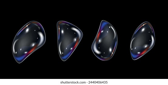 Collection of transparent figures in 3D liquid form style. Vector illustration. Holographic Isolated. Bubbles and soap. Refraction shapes. Glass circle