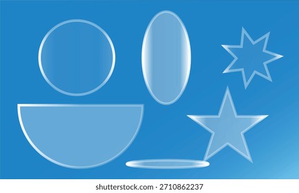 Coleção de formas geométricas transparentes incluindo círculos, estrelas e lentes sobre um fundo azul