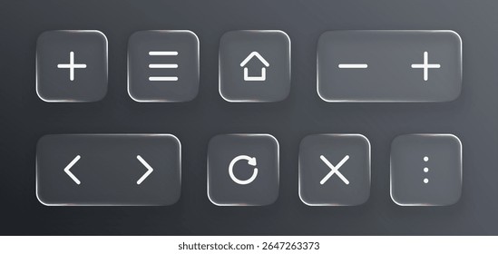Collection of transparent glass buttons with symbols for user interface design. Liquid glass vector elements for modern application mockups.	
