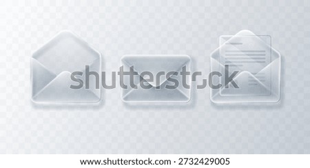 Collection of transparent glass envelopes containing documents. Vector 3D illustration.