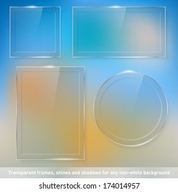 Collection of transparent glass frames for any non-white background - place for your text. Vector illustration.