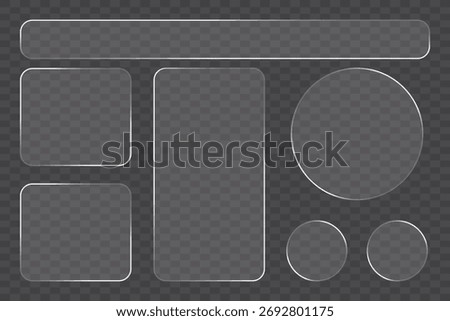 Collection of transparent glass shapes with rounded corners on a checkered background.