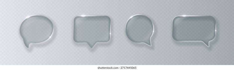 Coleção de bolhas de fala de vidro transparente em um estilo de vidro líquido com realces brilhantes isolados em um fundo claro. Ilustração vetorial.