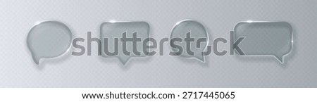 Collection of transparent glass speech bubbles in a liquid glass style with bright highlights isolated on a light background. Vector illustration.