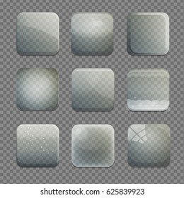 Collection of transparent isolated glass bubble square app buttons with various shading and texture. UI editable design elements.