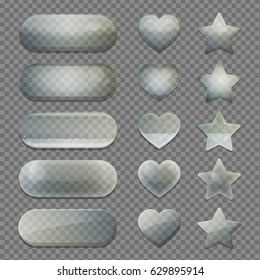 Collection of transparent isolated glass bubble app buttons with various shading and texture. UI editable design elements. Rounded rectangle, heart and star shapes.