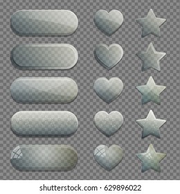 Collection of transparent isolated glass bubble app buttons with various shading and texture. UI editable design elements. Rounded rectangle, heart and star shapes.