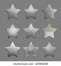Collection of transparent isolated glass bubble star shape app buttons with various shading and texture. UI editable design elements.