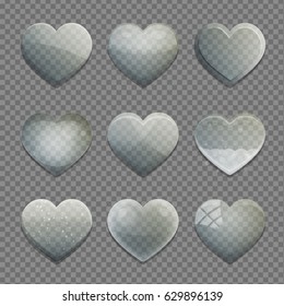 Collection of transparent isolated glass bubble heart shape app buttons with various shading and texture. UI editable design elements.