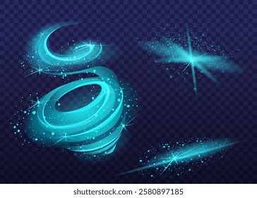 A collection of transparent, magical air effects featuring blue swirls, tornado wind, and light twirls with particles. Blue glimmering trails, cold winter breezes, and sparkling airwaves.