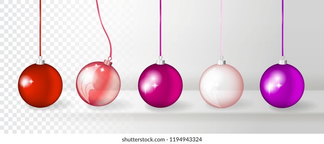 Collection of Transparent Realistic 3d Vector Christmas Balls. Set of Red, Pink and Violet Xmas Baubles or New Year Decoration Ball Elements