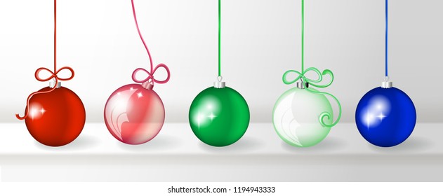 Collection of Transparent Realistic 3d Vector Christmas Balls. Set of Red, Green and Blue Xmas Baubles or New Year Decoration Ball Elements