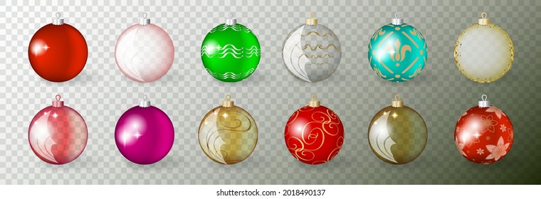 Collection of Transparent Realistic 3d Vector Christmas Balls with Golden Ornament. Set of Gold, Red and Green Xmas Baubles or New Year Decoration Ball Elements