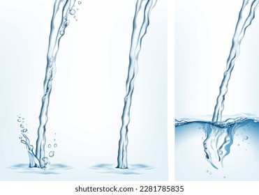 Collection of transparent realistic vector  water jet steams and splashes on light background