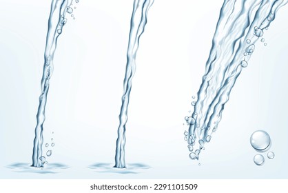 Collection of transparent realistic vector  water jet streams and splashes on light background