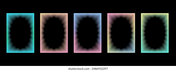 Collection of transparent rectangular gradient frames with wavy oval inner borders.   Set of Retro frames with zigzag edges with blurring . . Vector illustration on black background  