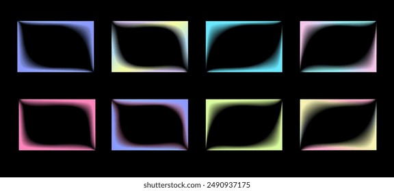 Collection of transparent rectangular gradient frames with wavy inner borders. Set of retro frames with blur. Vector illustration on black background