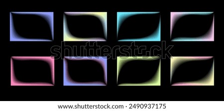 Collection of transparent rectangular gradient frames with wavy inner borders. Set of retro frames with blur. Vector illustration on black background