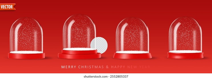 Colección de globos de nieve transparentes con bases rojas, mostrando diferentes podios de bolas de vidrio y partículas de nieve en el interior sobre fondo festivo rojo aislado. Ilustración vectorial realista