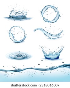 Collection of transparent water splashes, drops isolated on transparent background. Water waves with air bubbles. Water crown splashes with drops. Vector illustration