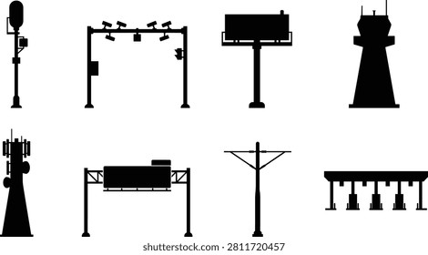 Collection of transportation and communication infrastructure silhouettes featuring control towers, communication masts, surveillance systems, billboards, toll stations, and utility structures. Ideal for urban planning, transportation networks, engineering, and infrastructure design projects.