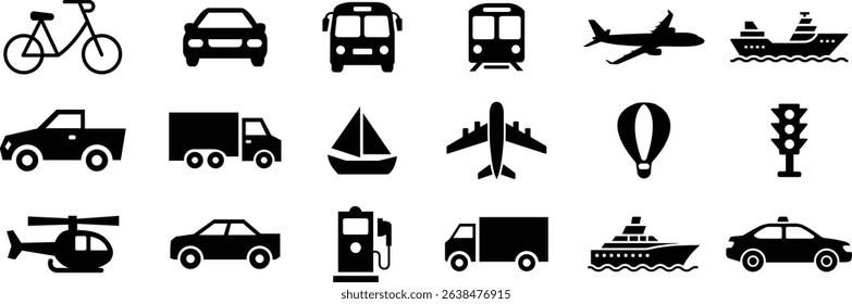 Collection of transportation icon vector. transportation system, bicycle, car, truck, bus, train, airplane, ship, boat, helicopter, sailing, hot air balloon, taxi